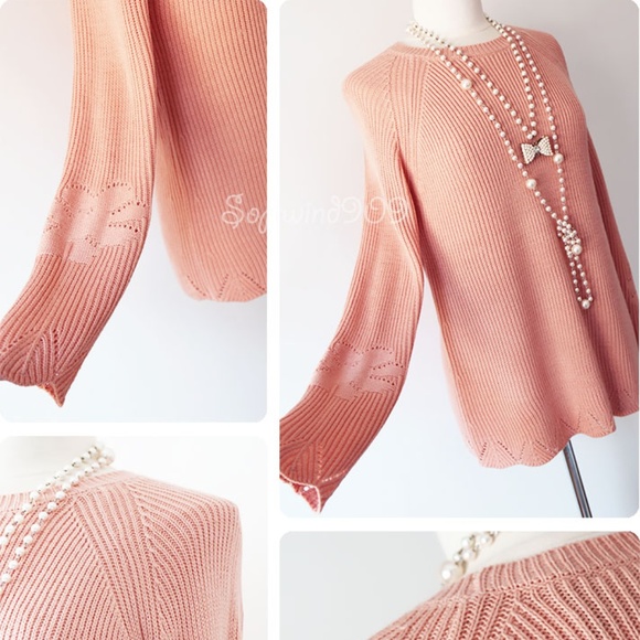 Peach Pink Scallop Edge Long Tunic Sweater Top - Picture 4 of 7